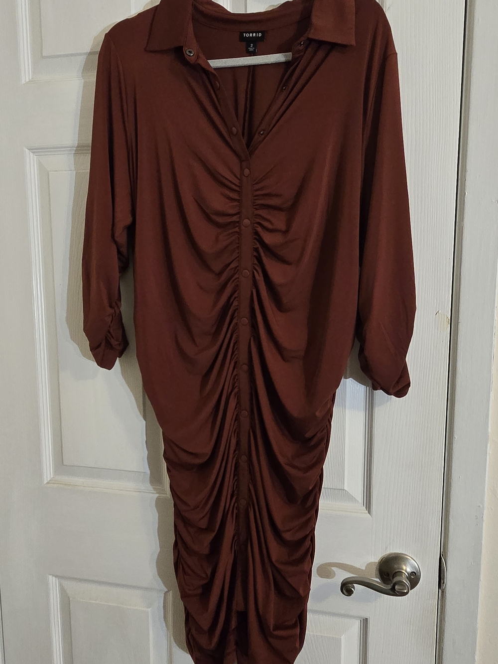 Torrid Ruched Button-Front Midi Dress in Rust